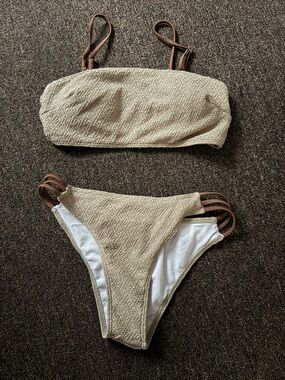 Textured Beige Bandeau Bikini Set with Brown Straps